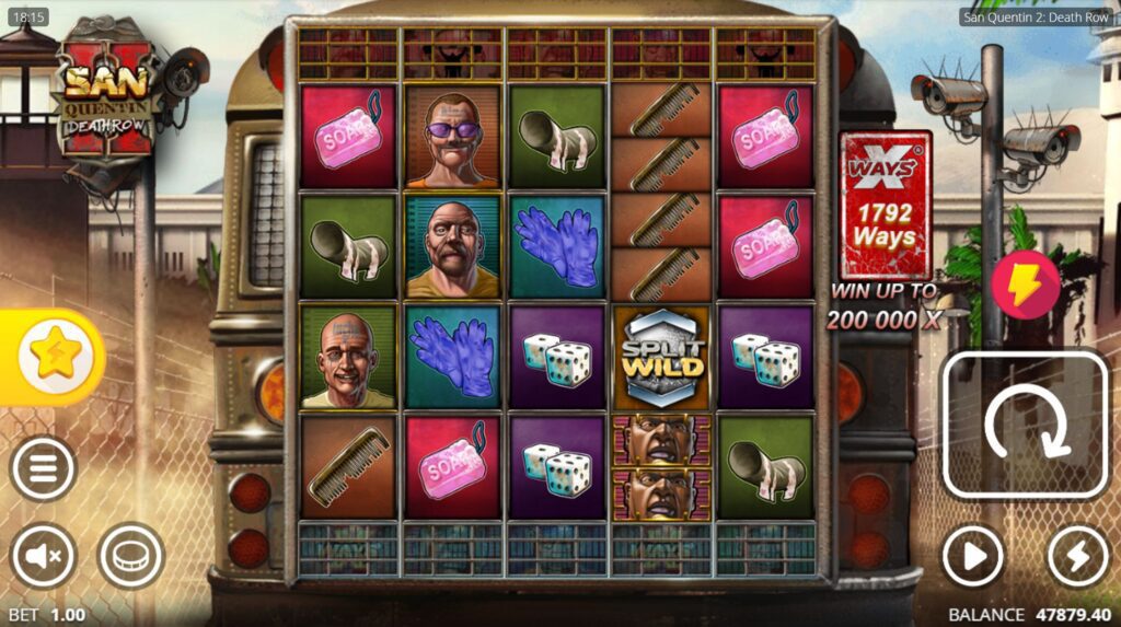 San Quentin 2 Death Row slot game interface showing 5x4 reel layout with prison theme and Nolimit City branding